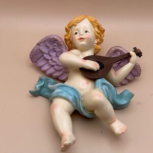 Cherub Angel Wall Plaque with Purple Wings, Mandolin and Blue Drapery